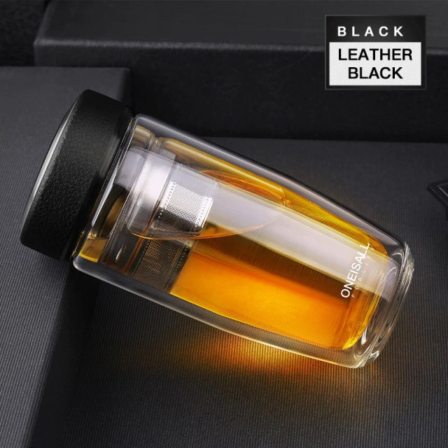 Термокружка с двойным стеклом Oneisall Glass Bottle With Burn Protection Leather